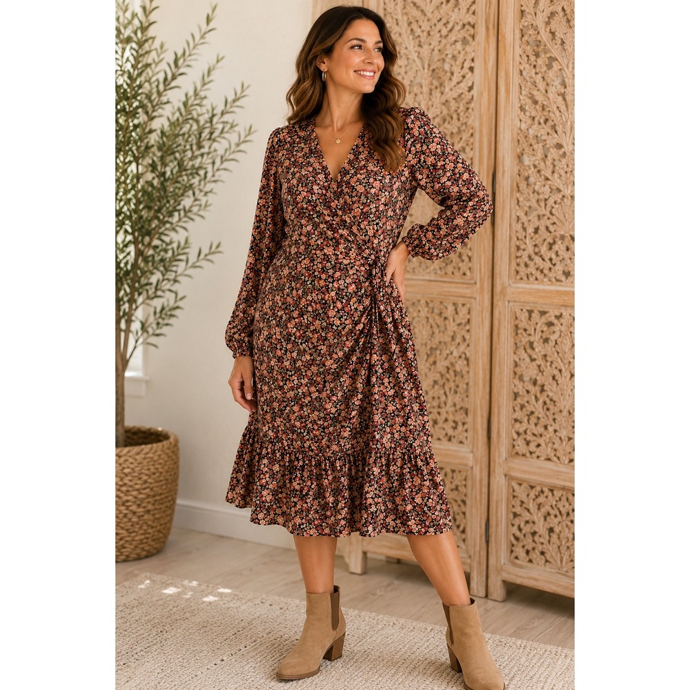 Dex Womens 1X Floral Faux Wrap Midi Dress Long Sleeve Ruffle Hem Multicolor